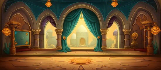 An artistic cartoon illustration of a room featuring arches and curtains, showcasing symmetry and visual arts. The building facade resembles a holy place or place of worship - Powered by Adobe