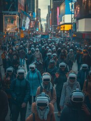 Multiethnic people in VR gear, engrossed in collective virtual experience on busy street.