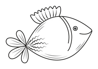 Cute angel fish, black line minimal illustration, monochrome nautical preppy doodle