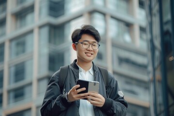 asian male freelancer walking near business center holding phone, smiling reading news, successful businessman, Generative AI