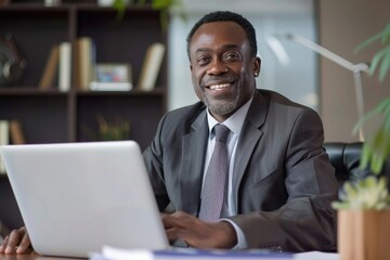 African american manager inside office at workplace, man working using laptop smiling and happy with achievement results and financial money, boss in business suit typing on keyboard, Generative AI