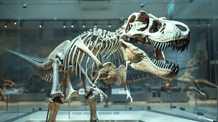 Dinosaur T Rex Skeleton in the museum of paleontology, dinosaur skeleton in museum, Rex dinosaur skeleton in a museum, Generative Ai