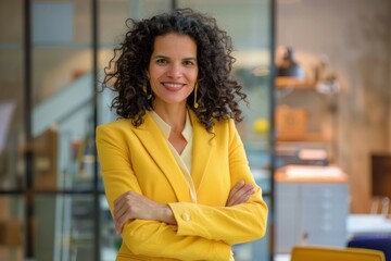 Portrait of successful business woman inside office, latin american boss in yellow suit smiling and looking at camera, mature female worker with curly hair standing with arms crossed. Generative AI