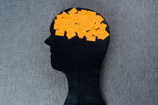 Human head from black leather with a set price tag. Creative concept. Shopping addiction. Environmental Protection