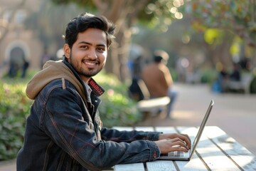 Portrait of a young Hindu student, man studying outside a university campus sitting on a bench, a graduate student using a laptop, typing on a keyboard, smiling and looking at the camera.Generative AI - obrazy, fototapety, plakaty