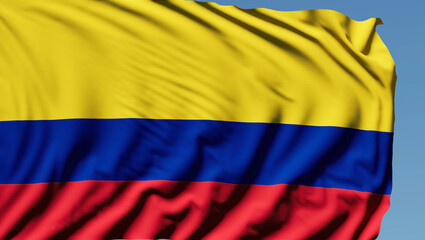 Close-up of the national flag of Colombia flutters in the wind on a sunny day