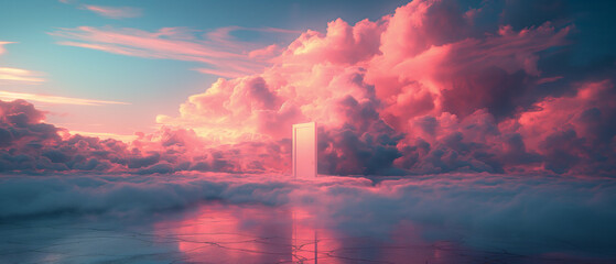 Surreal Heavenly Gateway Amidst Vibrant Sunrise Clouds - obrazy, fototapety, plakaty