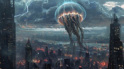 a giant jellyfish enveloping the sky over a desolate future cityscape, futuristic alien