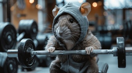 Adorable little mouse lifting weights, Gym rat, Weightlifting Hamster, Generative AI