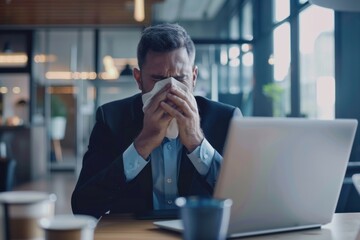 Sick businessman coughing inside office at workplace, man in business suit working with laptop, cold with flu, Generative AI - obrazy, fototapety, plakaty