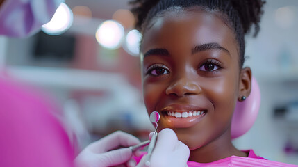 Smiling young afro american girl at dentist. Pediatric dental care. Healthy teeth concept for banner, healthcare brochure, and pediatric education - obrazy, fototapety, plakaty