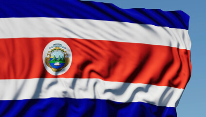Close-up of the national flag of Costa Rica flutters in the wind on a sunny day