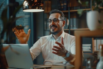 Young arab businessman inside office at workplace talking remotely with colleagues and partners, man using laptop for video call, satisfied boss smiling and gesturing with hands joyfully.Generative AI