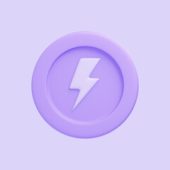 Coin with lightning bolt  isolated on purple background. 3D icon, sign and symbol. Cartoon minimal style. Front view. 3D Render Illustration