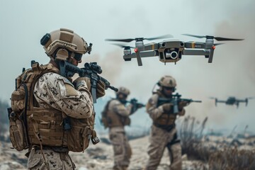 Fototapeta premium Marines working with drones to secure area in tactical military operation