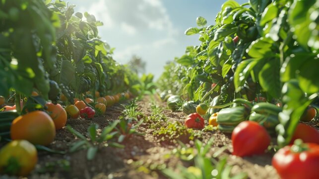 Farm to table journey, animated fresh produce traveling from field to fork