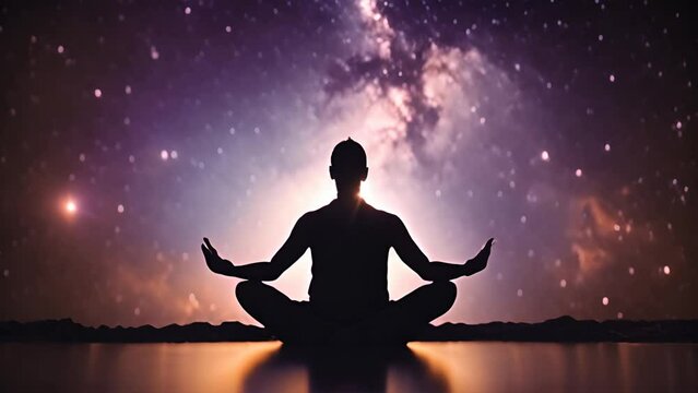 Silhouette of a man in yoga pose on the background of the universe. A state of trance and deep meditation. A spiritual journey in the universe. Abstract chakra meditation energy footage
