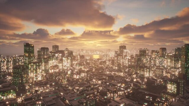 The camera flies over a golden sunset city. The city of success and happiness illuminates.