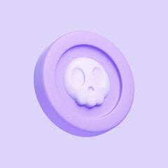 Purple coin with skull isolated on purple background. 3D icon, sign and symbol. Cartoon minimal style. Side view. 3D Render Illustration