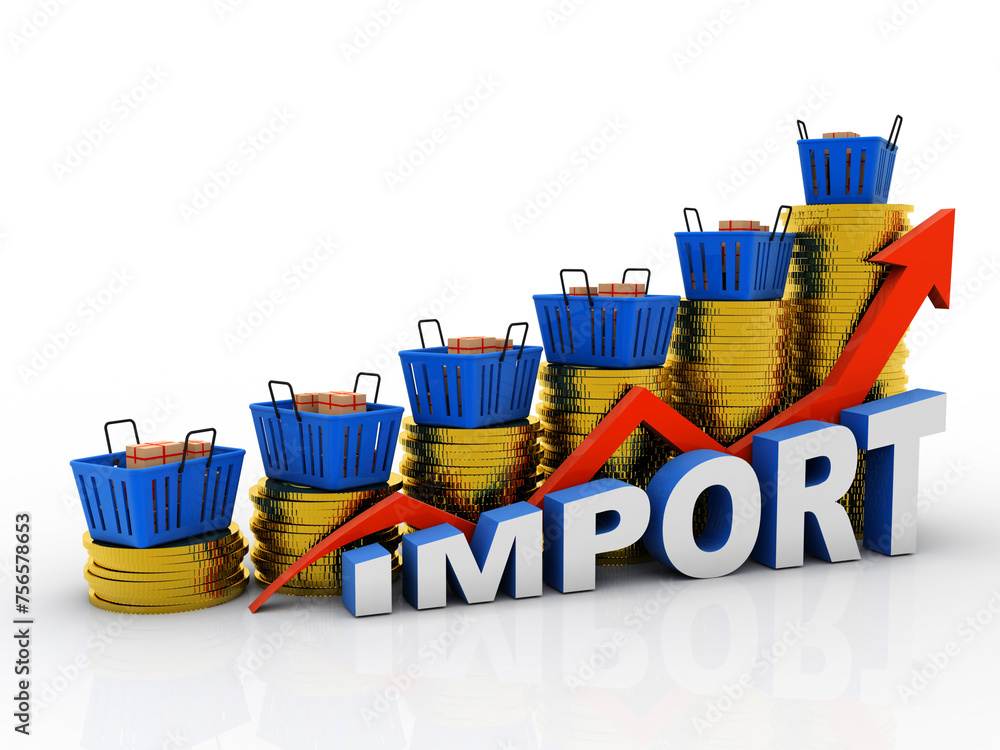Poster 3d rendering cardboard boxes on basket with graph gold coin