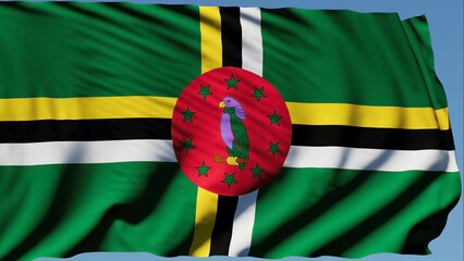 Close-up of the national flag of Dominica flutters in the wind on a sunny day
