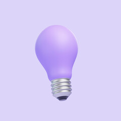 A vivid purple light bulb centered on a soft lavender backdrop, symbolizing creativity and inspiration. Icon, sign and symbol. Side view. 3D Render illustration