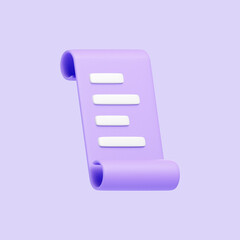 Abstract design of a purple scroll unrolling with a white list, symbolizing organization and planning in a minimalist style. Icon, sign and symbol. Side view. 3D Render illustration