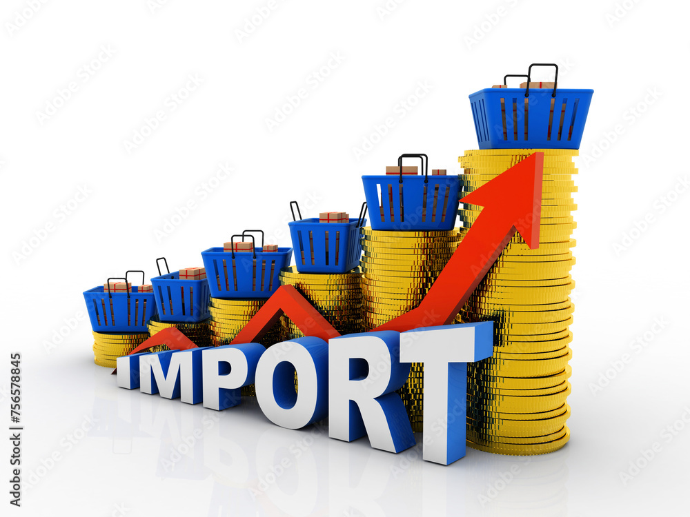 Poster 3d rendering cardboard boxes on basket with graph gold coin