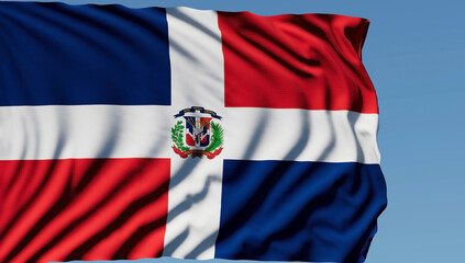 Close-up of the national flag of Dominican republic flutters in the wind on a sunny day
