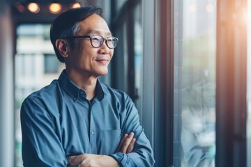 Portrait of successful smiling businessman, Asian man with wrinkled hands in casual shirt looking out window, mature man in glasses working inside modern office. Generative AI