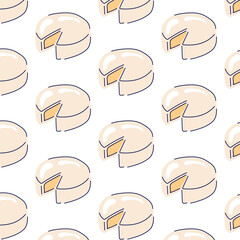 Camembert cheese seamless pattern. Cartoon design of grocery dairy product. Vector illustration isolated on a white background.