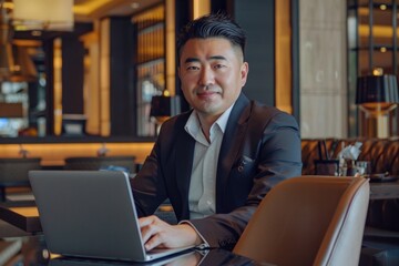 Successful Asian businessman, in a black business suit, works on a laptop, relaxes in a restaurant or hotel, and in a stylish office explains a new business strategy via video link, Generative AI