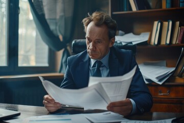 Serious pensive businessman behind paperwork, financier looking at documents, papers and contracts, thinking about solutions to set tasks, man inside office in business suit with laptop. Generative AI - obrazy, fototapety, plakaty