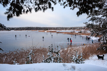 A large, natural skating rink on a lake in the forest, families with children skating. Family day...