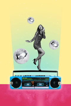 Sketch image trend artwork 3D photo collage of young attractive lady dance on huge vintage boombox music machine discoball fly near