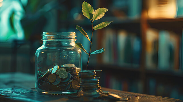 a glass jar filled with coins and a plant medium, retro stylized, saving the day again, center of image, Generative Ai 