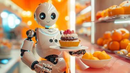 Cheerful robot waiter presenting a gourmet cupcake in a vibrant dessert shop - obrazy, fototapety, plakaty