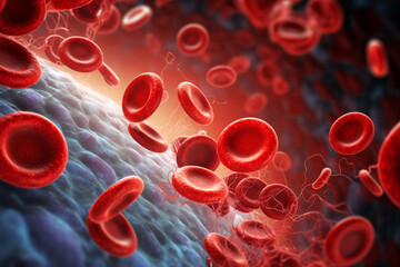 A vivid close-up showcases the various components of human blood, including red blood cells