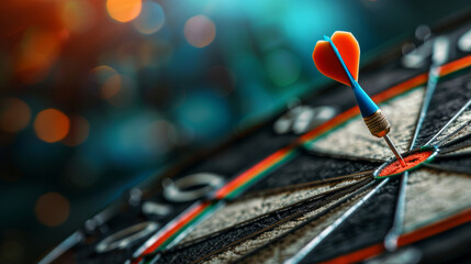 Close-up of dart hitting the bullseye on a dartboard, symbolizing precision and success.