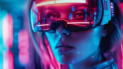Futuristic woman with holographic visor in neon cyber cityscape - obrazy, fototapety, plakaty