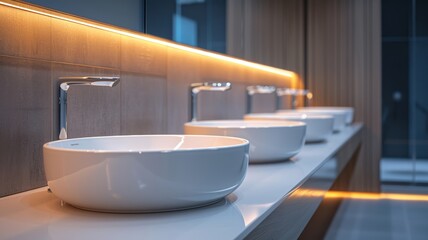 Contemporary washroom interior with white sinks and modern fixtures