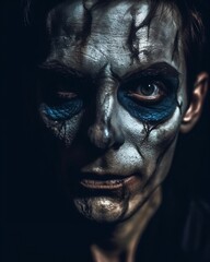 Close-up of man's face with blue and black makeup in skeleton costume
