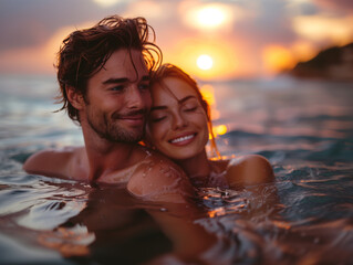 Couple swimming ad hugging at sunset