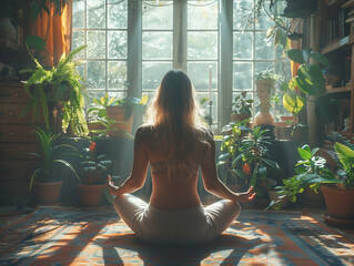 Woman meditating in her home in front of a window to relax