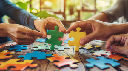 Group of hands connecting colorful puzzle pieces, symbolizing teamwork