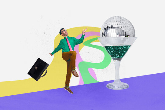 Composite trend artwork sketch image 3D photo collage of young office worker man celebrate holiday in club disco ball drink cocktail