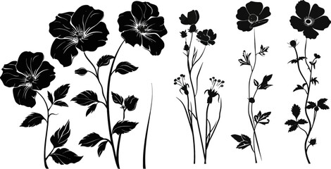 Three vector black silhouettes of flowers