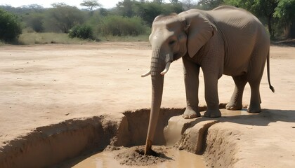 An Elephant Using Its Trunk To Dig For Water Upscaled 2 - obrazy, fototapety, plakaty