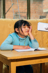latino girl frustrated by schoolwork - concept of frustration in bolivia