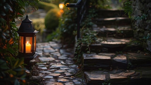 Rustic lantern casting a warm glow on a stone path guiding steps with the promise of home and warmth